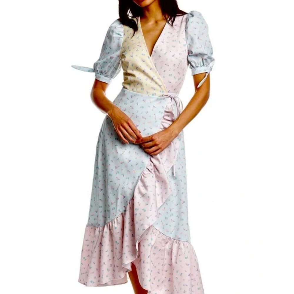 Olivia Rubin Pastel Asta Ice Cream Mix Midi Wrap Dress Size 4 Ruffle Retro Party